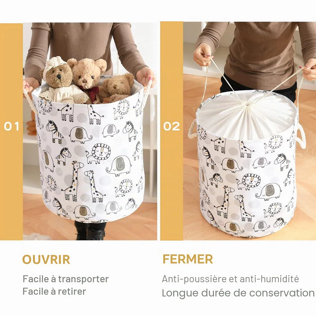 Panier à Linge pour Enfants, Panier de Bébé pour la Pépinière, 58L Panier Imperméable en Toile pour Vêtements de Bébé, Panier à Jouets pour Garçons, Panier à Linge Pliable (Girafe)