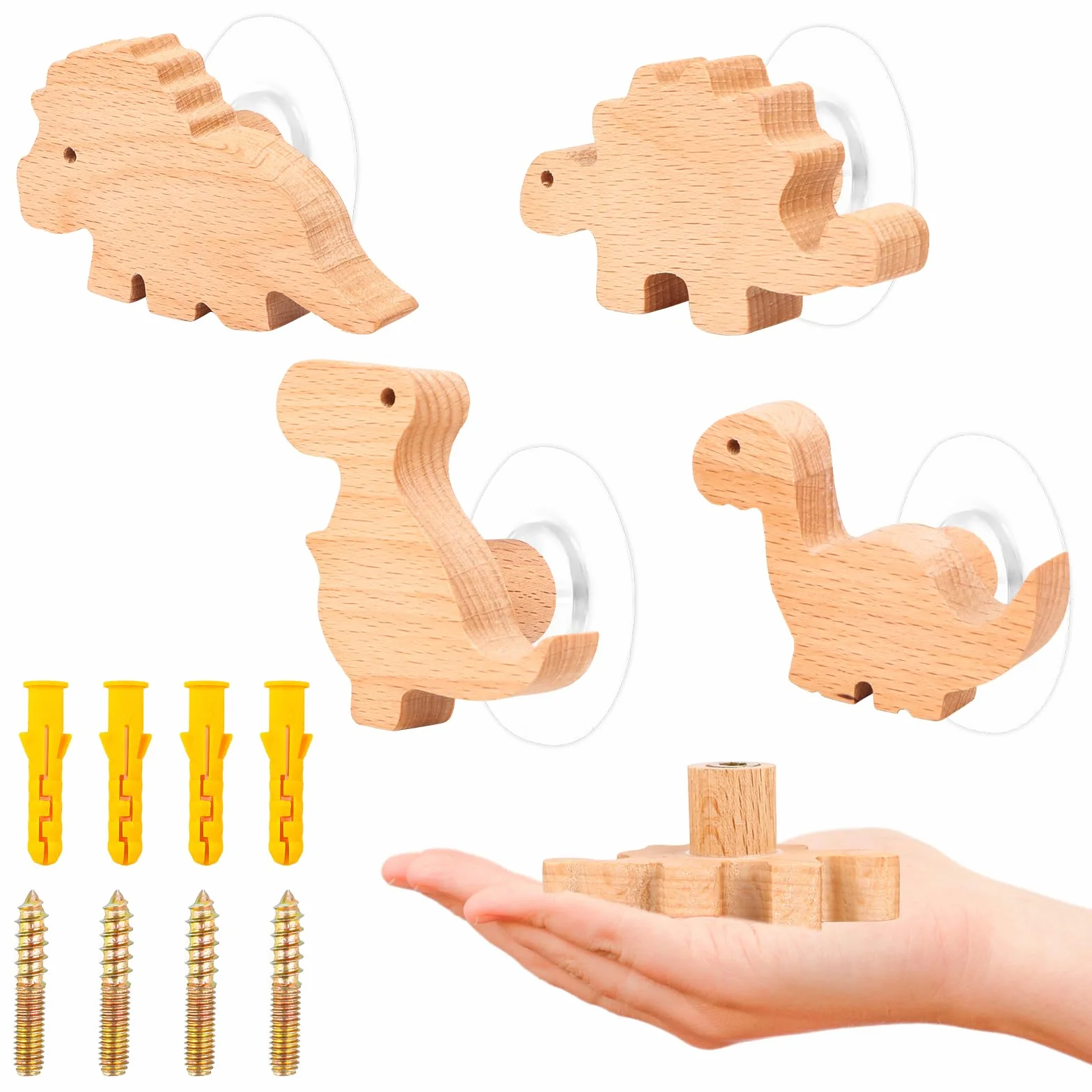 Lot de 4 crochets muraux en bois pour enfants - Motif dinosaure - Auto-adhésifs - Sans perçage - Pour manteau et bonnet