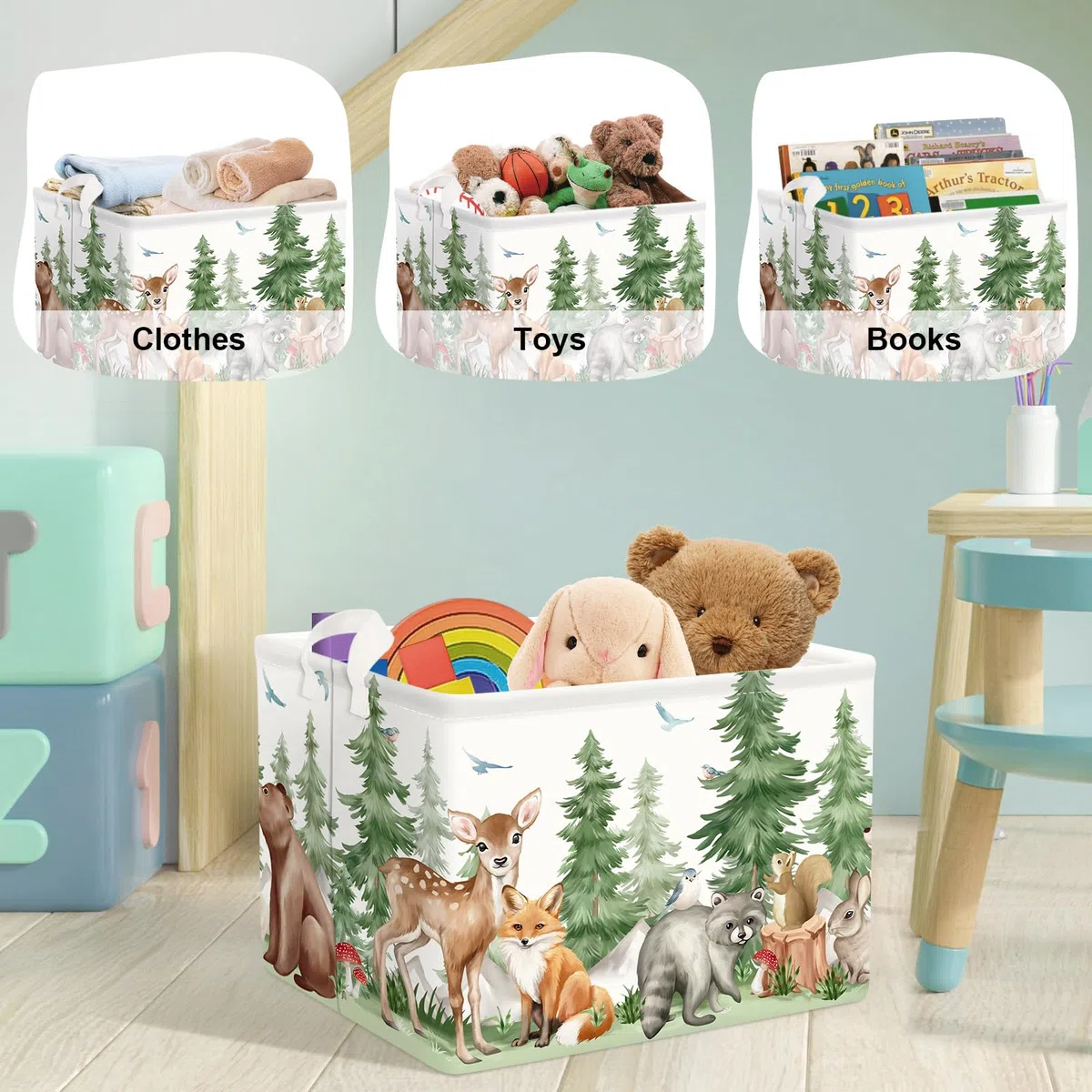 Grand Paniers à Linge Animaux de Forêt pour Garçon Fille Renard Roux Repliable Panier Rangement Jouets Vêtements pour Salle de Bain Chambre à Coucher, Cerf, 36L