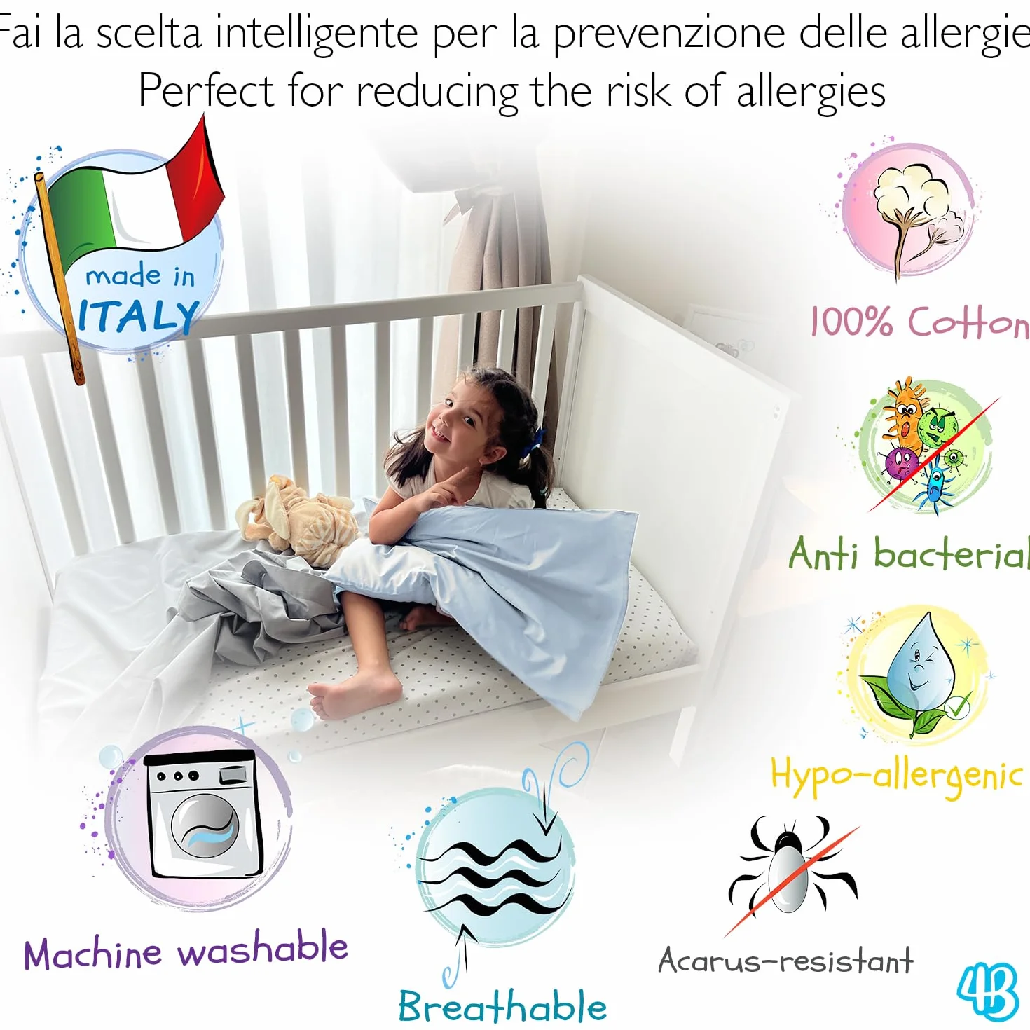 Taie d'oreiller 60x40 cm pour Enfant - Lot de 2 taies d'oreiller pour lit bébé et lit 100% Pur Coton - Made in Italy - Fermeture à enveloppe - Certifié Oeko-TEX - Bleu Clair