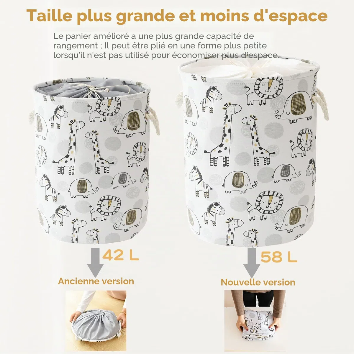 Panier à Linge pour Enfants, Panier de Bébé pour la Pépinière, 58L Panier Imperméable en Toile pour Vêtements de Bébé, Panier à Jouets pour Garçons, Panier à Linge Pliable (Girafe)