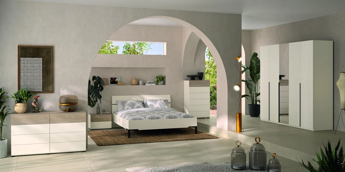 Composad Chambre complète de la Ligne Favorita, Ensemble de 6 Meubles avec 1 lit Double, 1 Armoire 5 Portes, 2 commodes et 2 Tables de Chevet, Gris Cachemire Topmat, fabriqué en Italie
