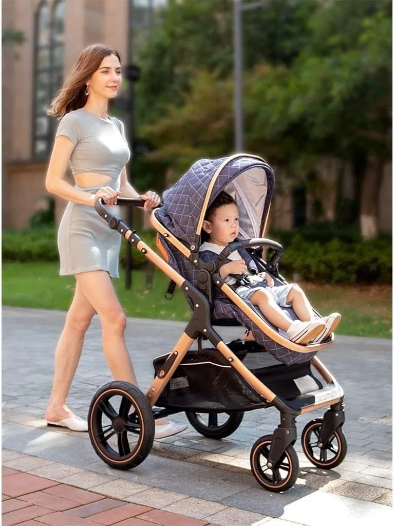 Baby Stroller Carriage for Newborn, 2 in 1 Adjustable High View Baby Pram Stroller Upgraded Infant Pushchair Toddler Strollers with Rain Cover, Mosquito Net, Footmuff(Blue)