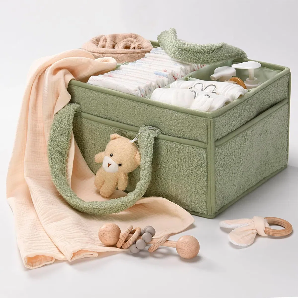 Panier Rangement Bébé, Panier De Rangement Bebe à Langer Portable, Organisateur Table a Langer Bebe En Peluche Avec Compartiments Interchangeables, Pour Lingettes Humides Et Articles Pour Bébé (Vert)
