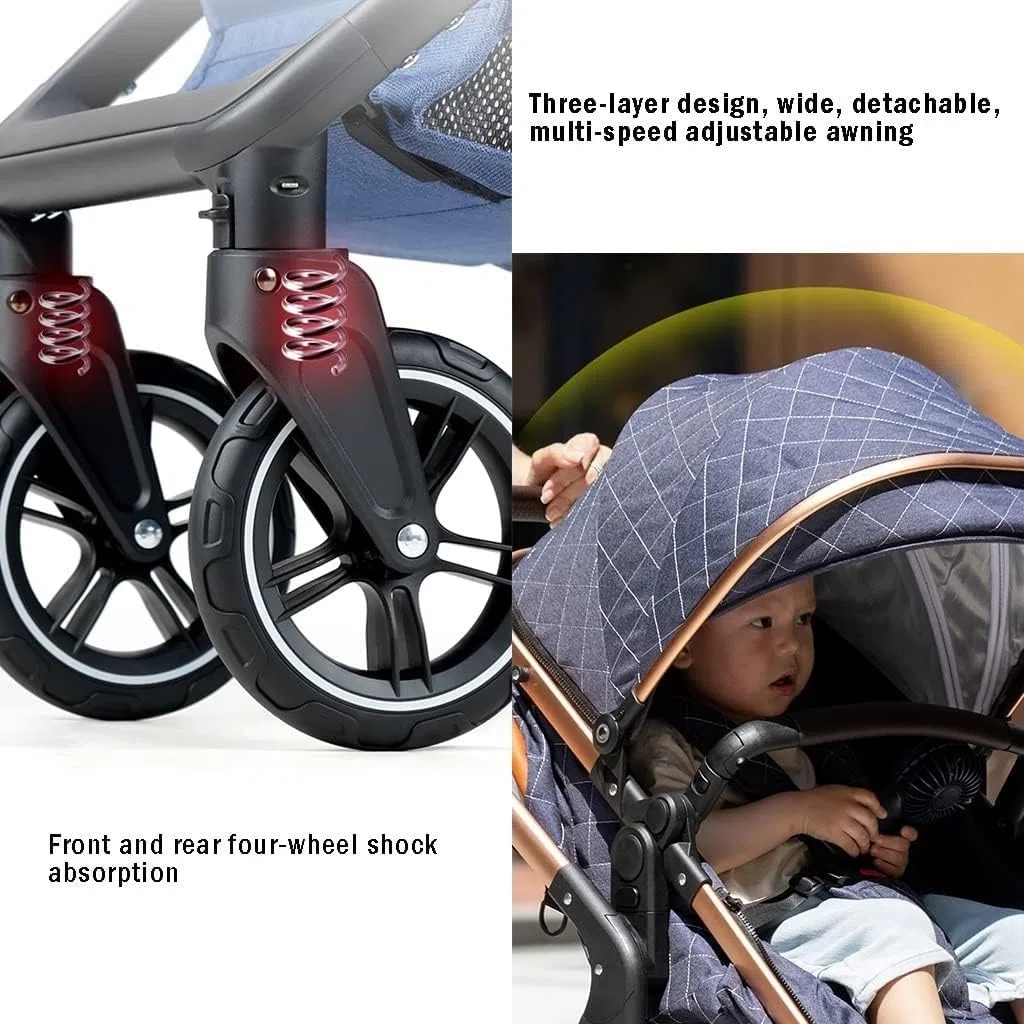 Baby Stroller Carriage for Newborn, 2 in 1 Adjustable High View Baby Pram Stroller Upgraded Infant Pushchair Toddler Strollers with Rain Cover, Mosquito Net, Footmuff(Blue)
