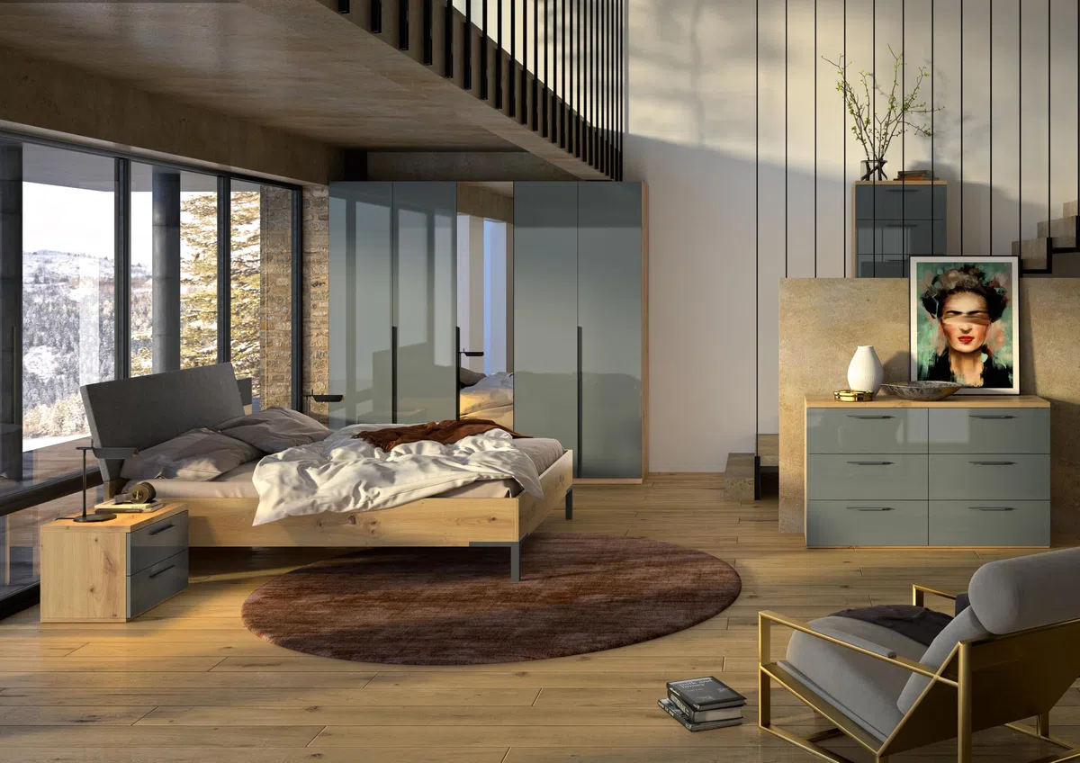 Composad Chambre complète 6 Meubles de la Ligne Sposami avec 1 lit King Size, 1 Armoire 5 Portes avec Miroir, 2 Tables de Chevet et 2 tiroirs, chêne Miel et Gris Titane, fabriquée en Italie