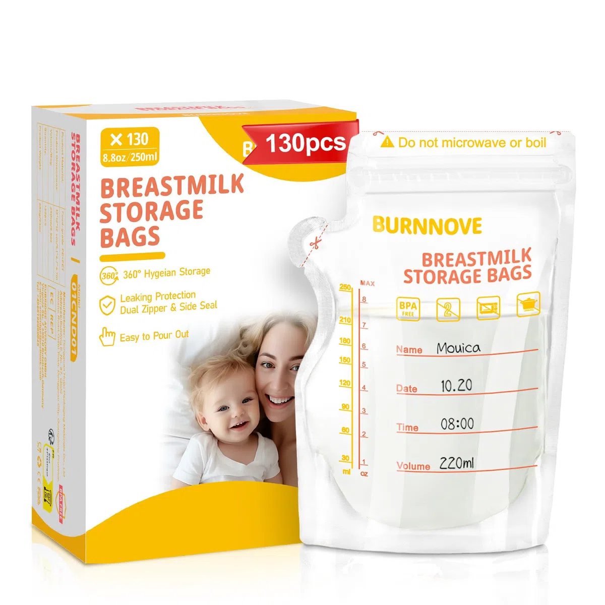 BURNNOVE Sachet Conservation Lait Maternelle 250ml Lot de 130 Sac Congelation Lait Maternelle sans BPA Pré-stérilisés Sac de Stockage avec Double Glissière de Sécurité Bec Verseur