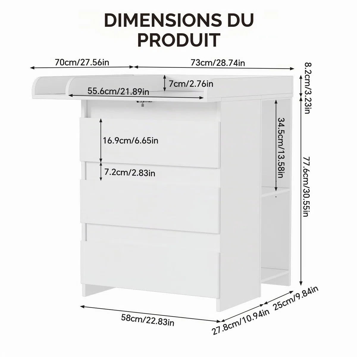 MSFE Table a Langer Bebe,2 et 1 Commode avec Amovible Plan à langer,Compacte Enfant Meuble Tables à Langer avec 3 Tiroirs et 6 Ouverts,Convient pour une Chambre d'enfant,73x70x78cm/113x32x70cm,Blanc