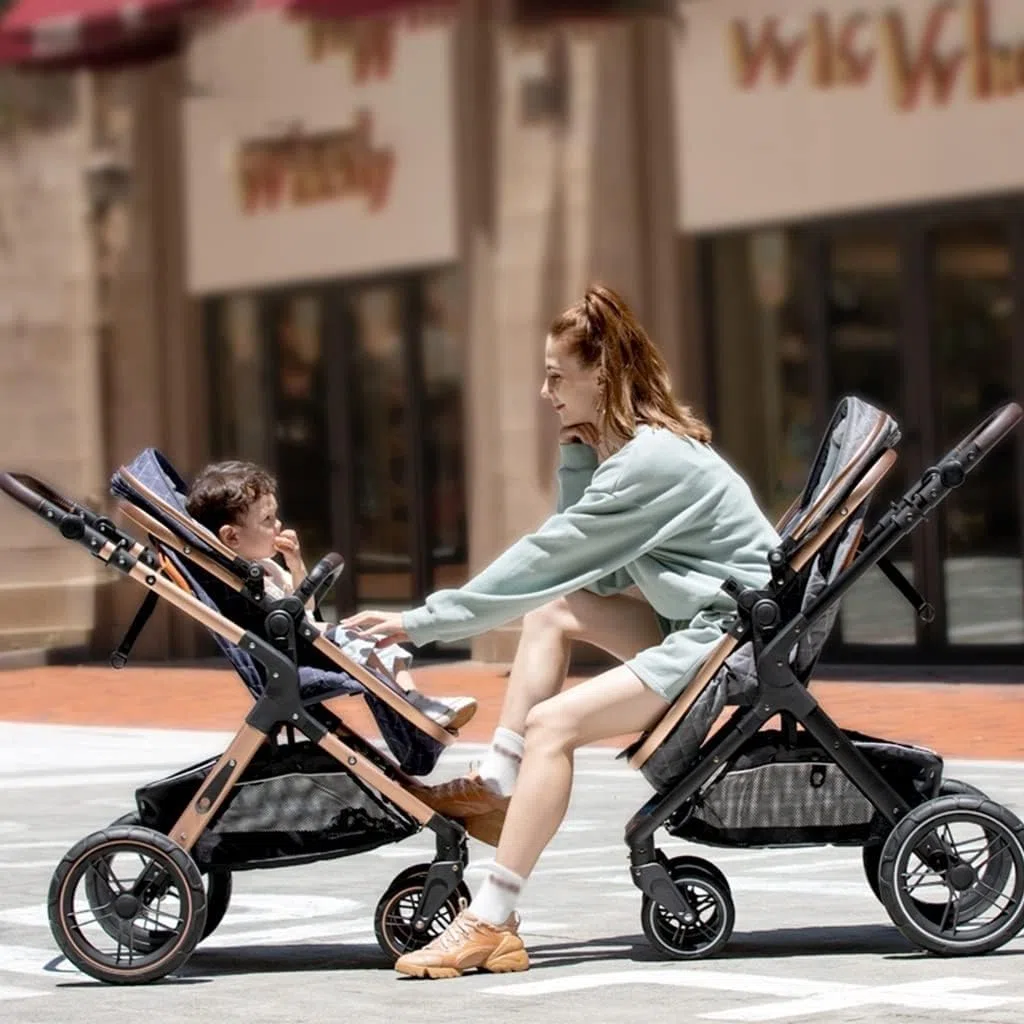 Baby Stroller Carriage for Newborn, 2 in 1 Adjustable High View Baby Pram Stroller Upgraded Infant Pushchair Toddler Strollers with Rain Cover, Mosquito Net, Footmuff(Blue)