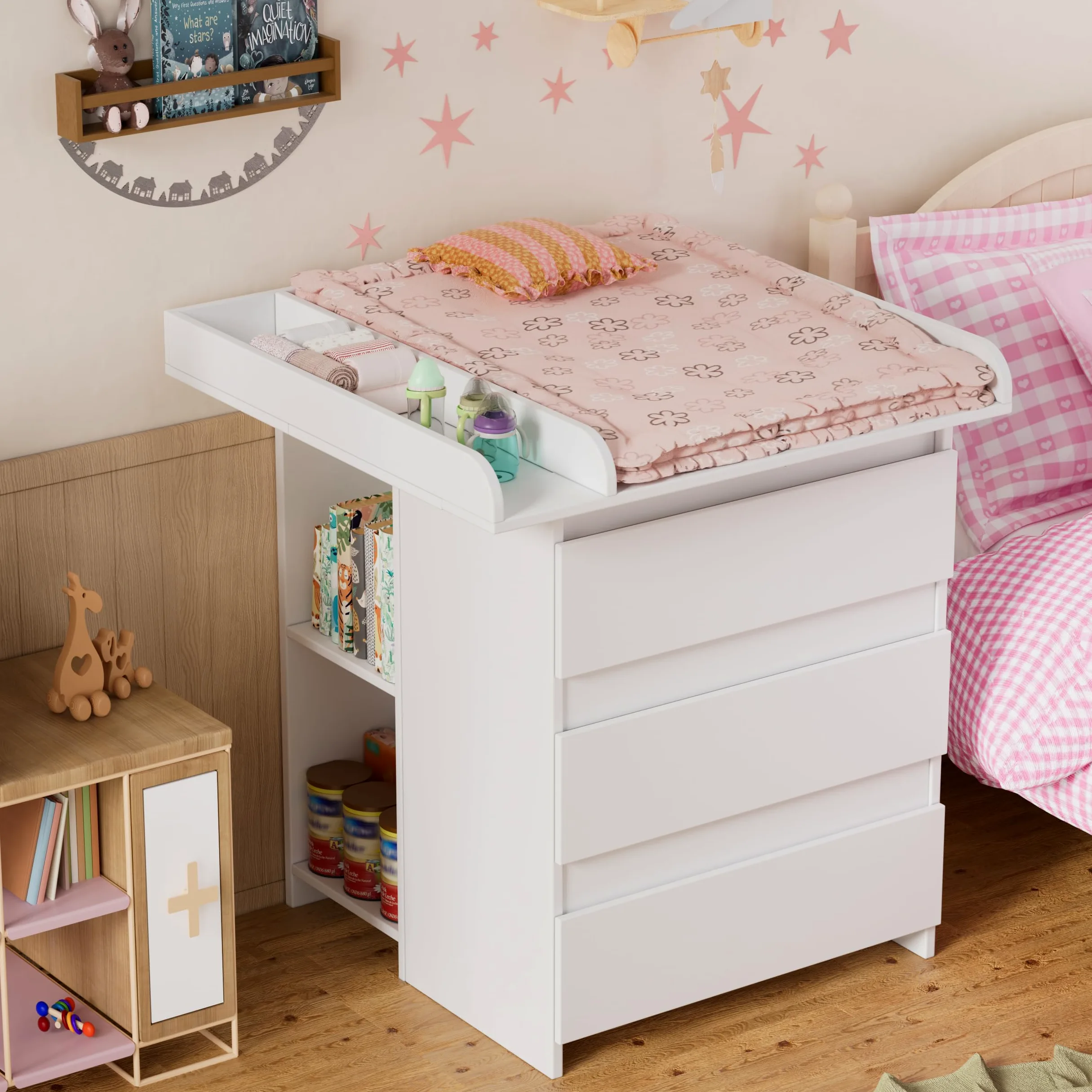 MSFE Table a Langer Bebe,2 et 1 Commode avec Amovible Plan à langer,Compacte Enfant Meuble Tables à Langer avec 3 Tiroirs et 6 Ouverts,Convient pour une Chambre d'enfant,73x70x78cm/113x32x70cm,Blanc