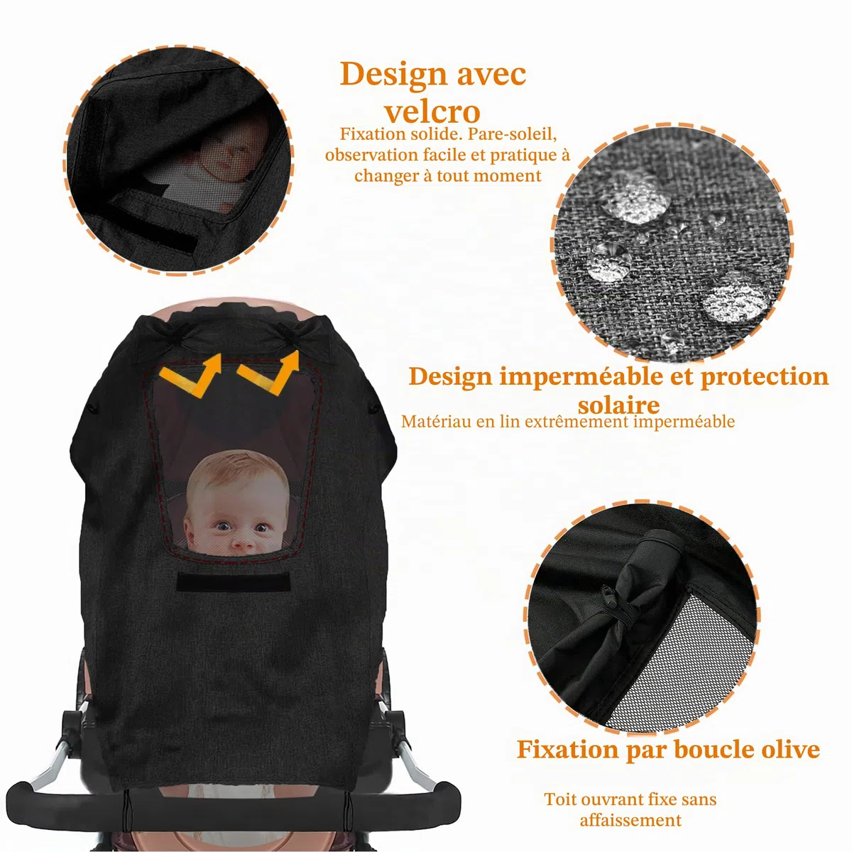 Pare soleil poussette,Poussette protection soleil,Anti uv poussette,Clip Poussette Universel,Crochets Rotatifs pour Poussette,Anti UV UPF50,étanche,pour Nacelle,Landau,（Noir + 2 crochets）