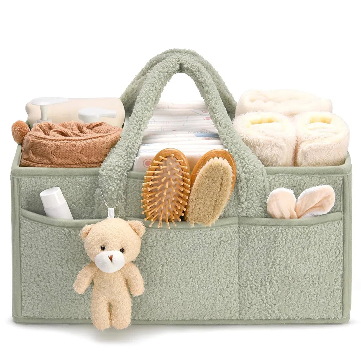 Panier Rangement Bébé, Panier De Rangement Bebe à Langer Portable, Organisateur Table a Langer Bebe En Peluche Avec Compartiments Interchangeables, Pour Lingettes Humides Et Articles Pour Bébé (Vert)