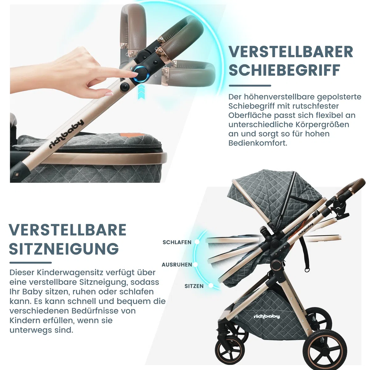 Nacelle 2 en 1 réversible, pliable, absorption des chocs tout-terrain (gris