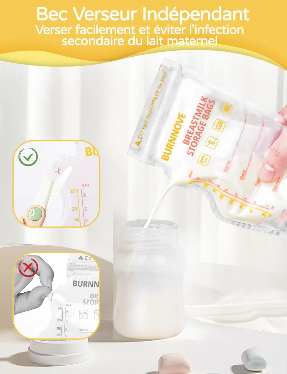 BURNNOVE Sachet Conservation Lait Maternelle 250ml Lot de 130 Sac Congelation Lait Maternelle sans BPA Pré-stérilisés Sac de Stockage avec Double Glissière de Sécurité Bec Verseur