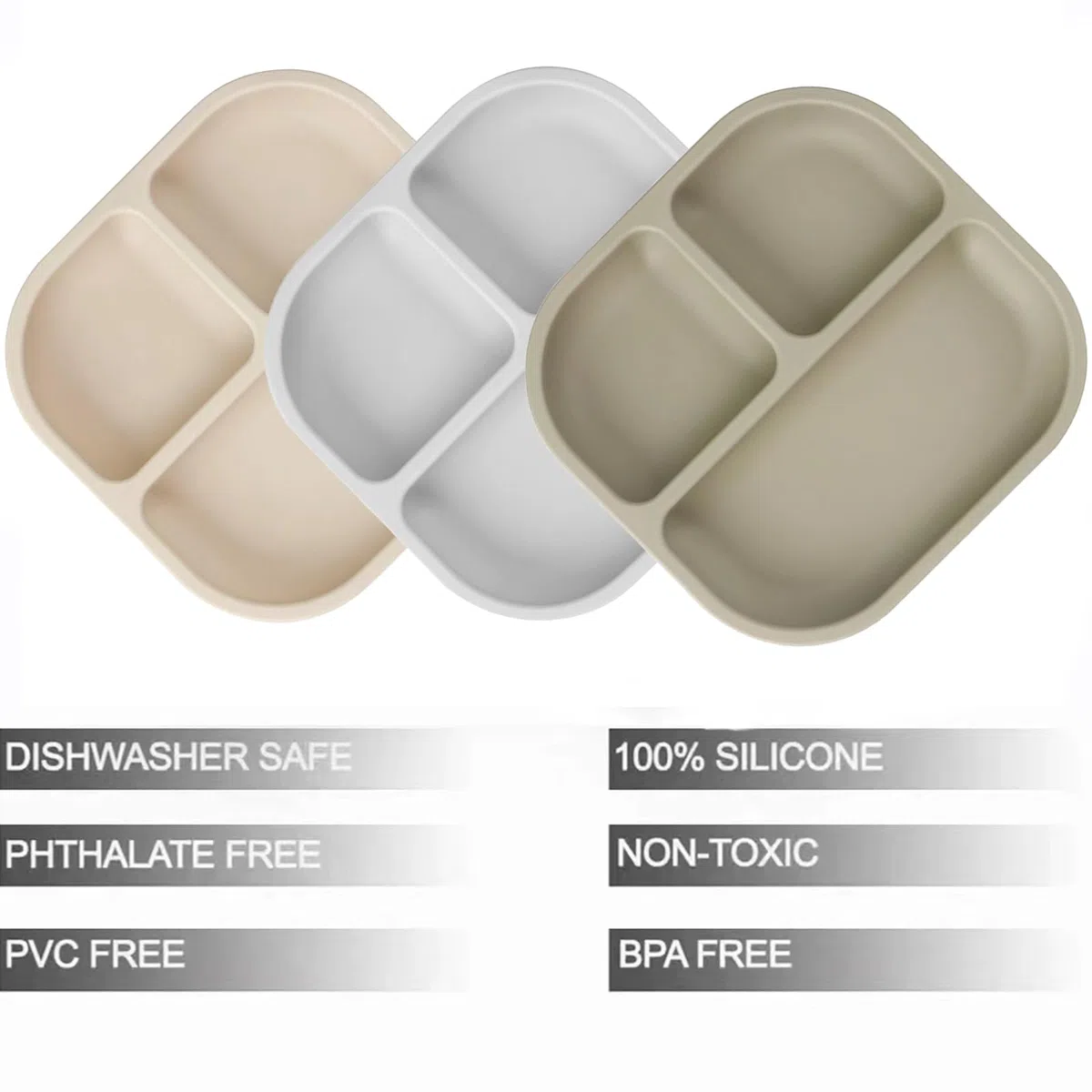 PandaEar Assiettes à Suction pour Bébé, Ensemble de 3 Assiettes en Silicone & Cuillères pour Bébés Tout-Petits Nourrissons Enfants, Assiette Divisée à Suction pour Tout-Petit (Gris/Brun/Crémeux)