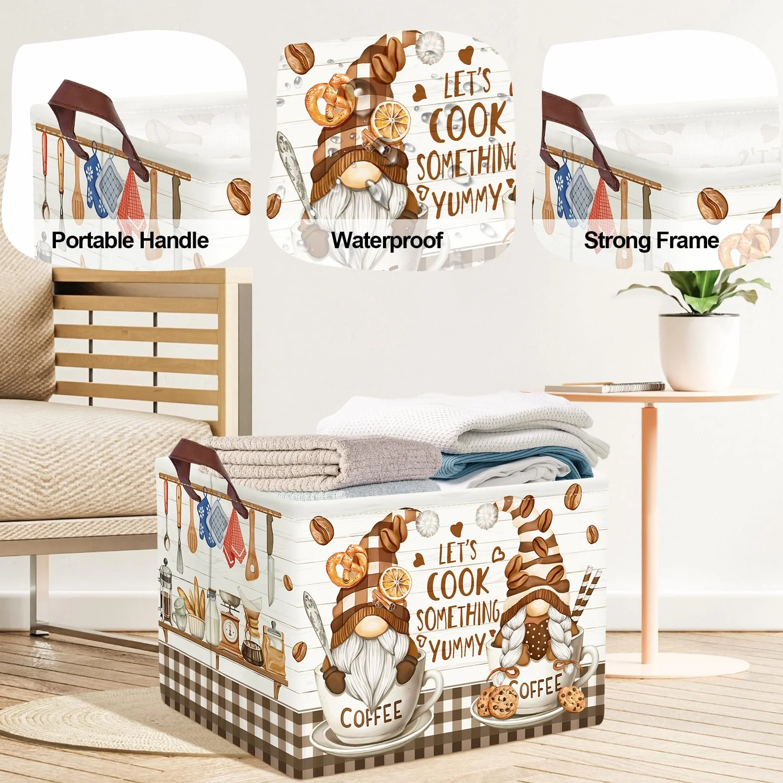 Grand Panier Rangement Décoration Cuisine Outils pour Garçon Fille Repliable Paniers à Linge Jouets Vêtements pour Salle de Bain Chambre à Coucher, Gnome Café, 36L