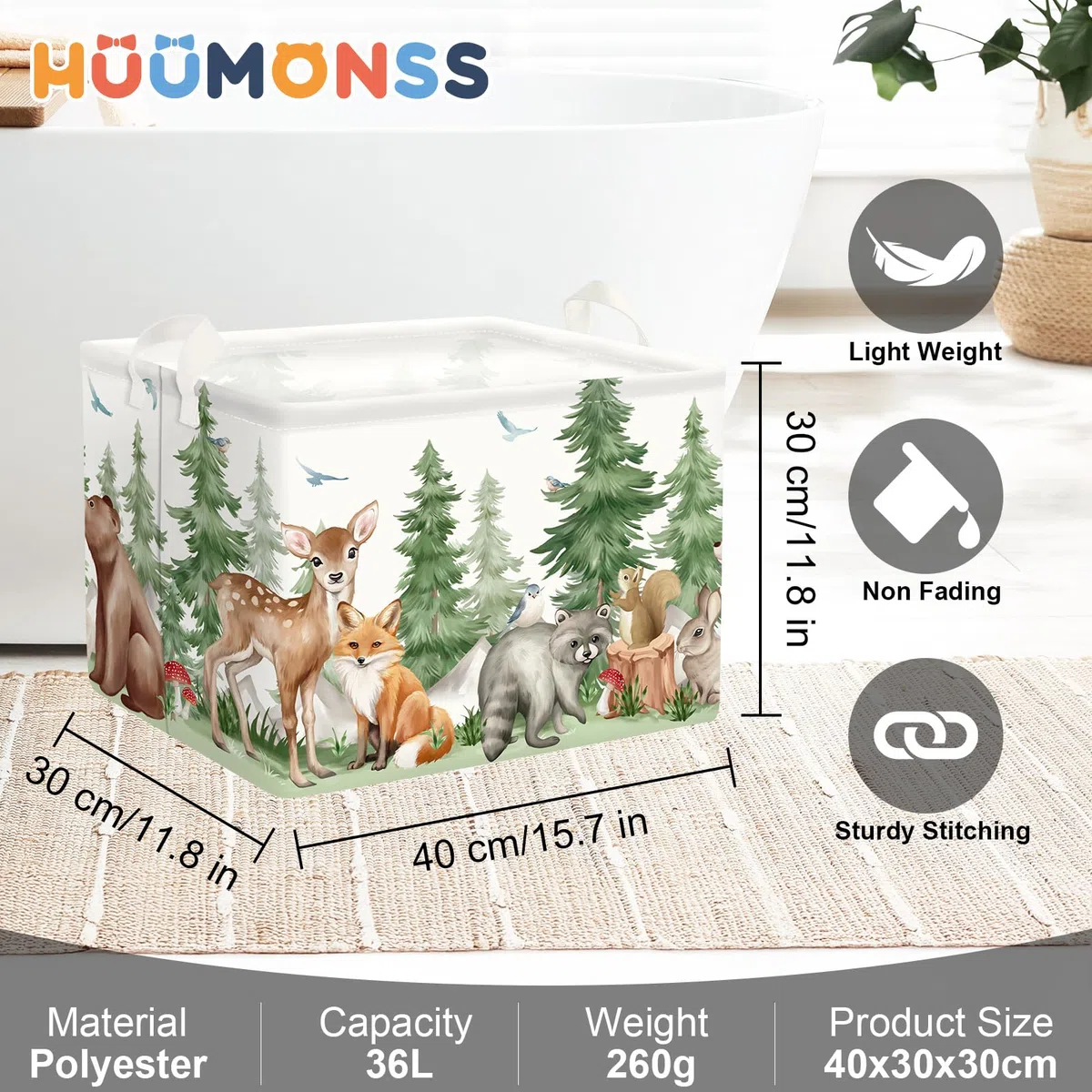 Grand Paniers à Linge Animaux de Forêt pour Garçon Fille Renard Roux Repliable Panier Rangement Jouets Vêtements pour Salle de Bain Chambre à Coucher, Cerf, 36L