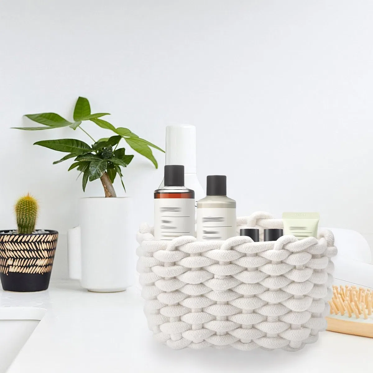 2 Pièces Panier Rangement Bébé Panier de Rangement en Corde de Coton Petit Panier Tressé Carré Paniers de Rangement à Langer Convient pour Chambre de Bébé, Chambre, Salon (Blanc)