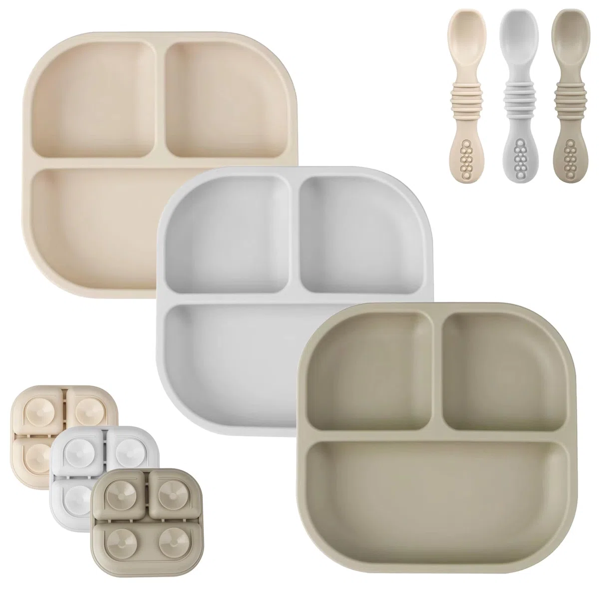 PandaEar Assiettes à Suction pour Bébé, Ensemble de 3 Assiettes en Silicone & Cuillères pour Bébés Tout-Petits Nourrissons Enfants, Assiette Divisée à Suction pour Tout-Petit (Gris/Brun/Crémeux)