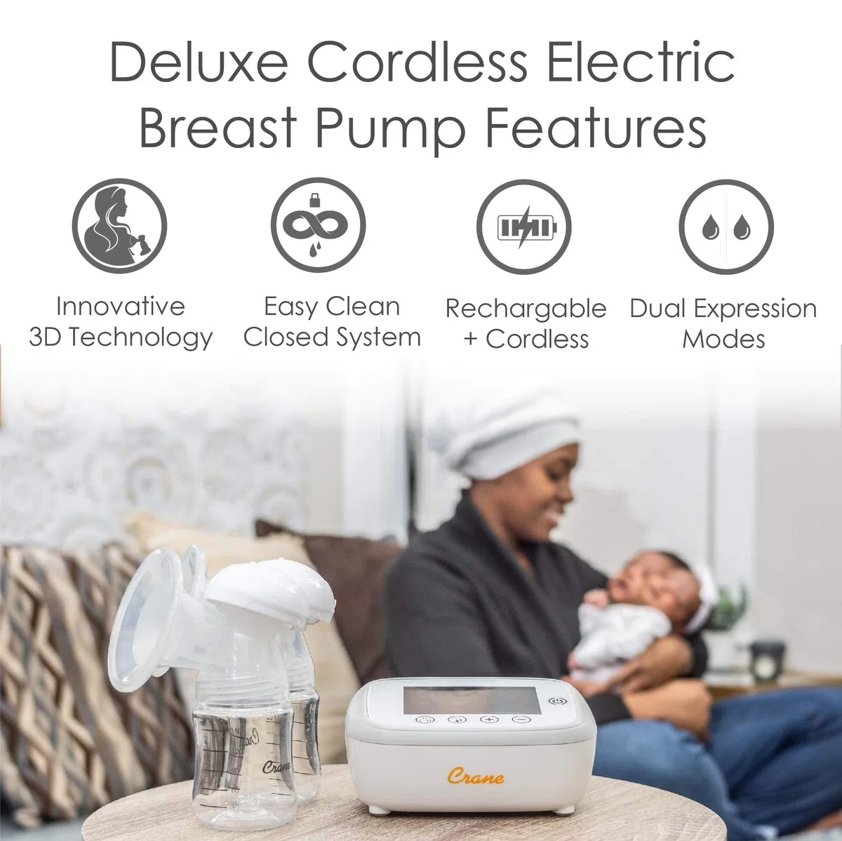 Crane Deluxe Double tire-lait électrique sans fil rechargeable, portable, système fermé, protection anti-débordement