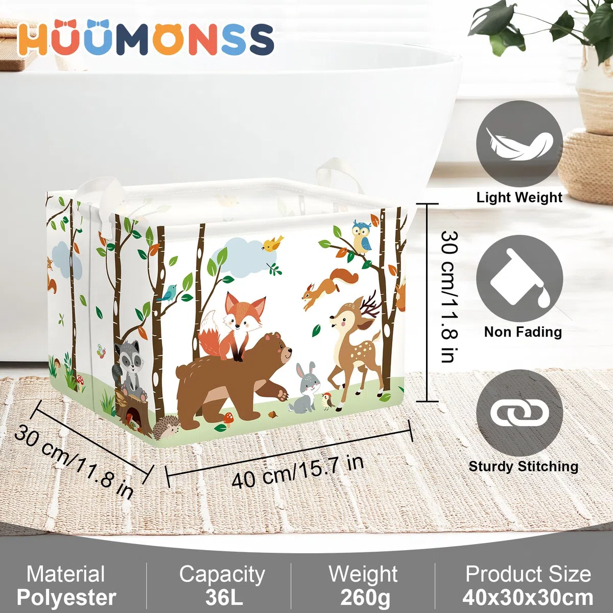 Grand Paniers à Linge Animaux des Bois pour Garçon Fille Repliable Panier Rangement Jouets Vêtements pour Salle de Bain Chambre à Coucher, Ours, 36L