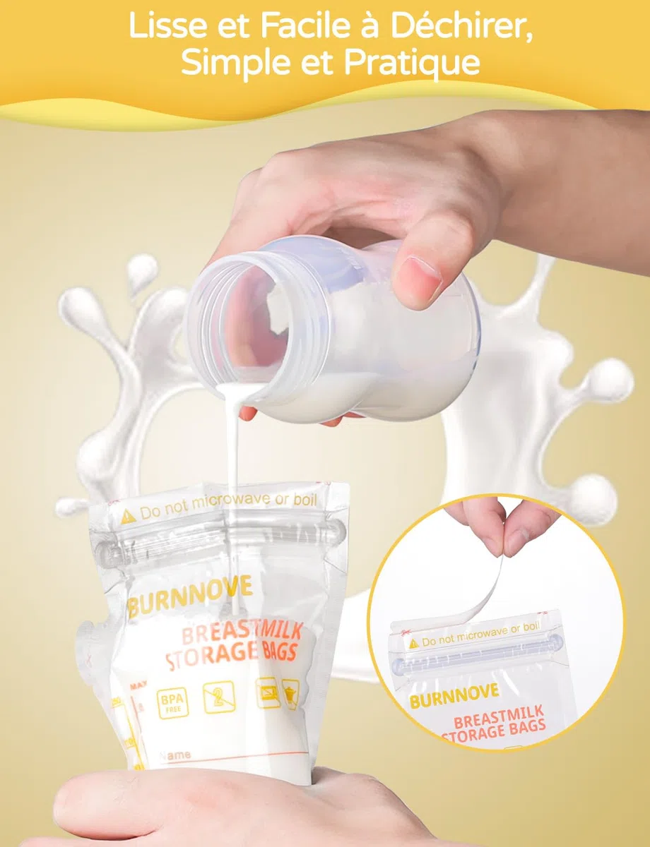 BURNNOVE Sachet Conservation Lait Maternelle 250ml Lot de 130 Sac Congelation Lait Maternelle sans BPA Pré-stérilisés Sac de Stockage avec Double Glissière de Sécurité Bec Verseur