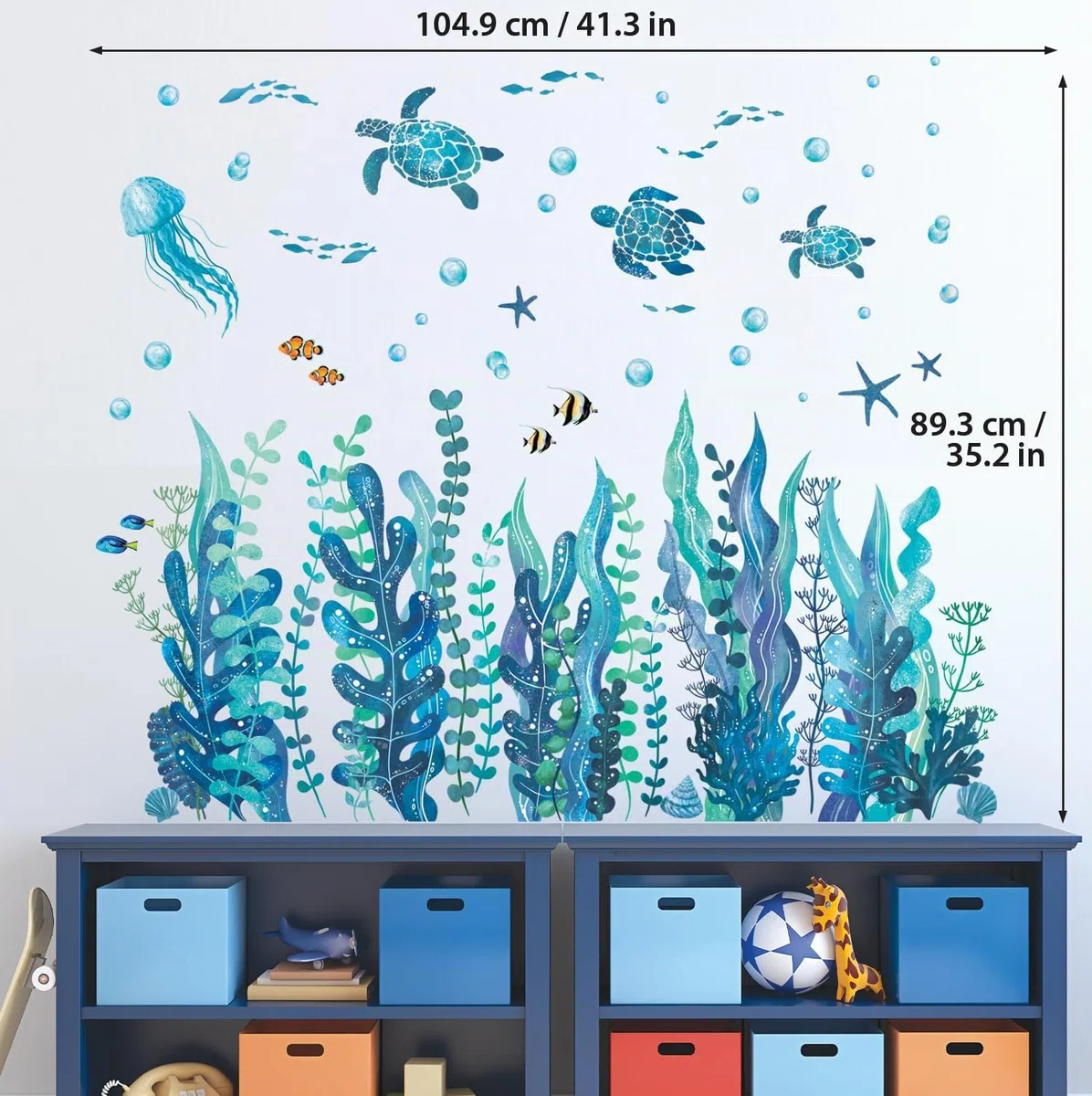 DECOWALL DS12-8084 Stickers muraux Sous La Mer Algues et Créatures Marines Tortues Herbe Marine Méduse Poisson Amovibles Pépinière Vinyle Autocollant Mural pour Chambre Salle de Bain Salon