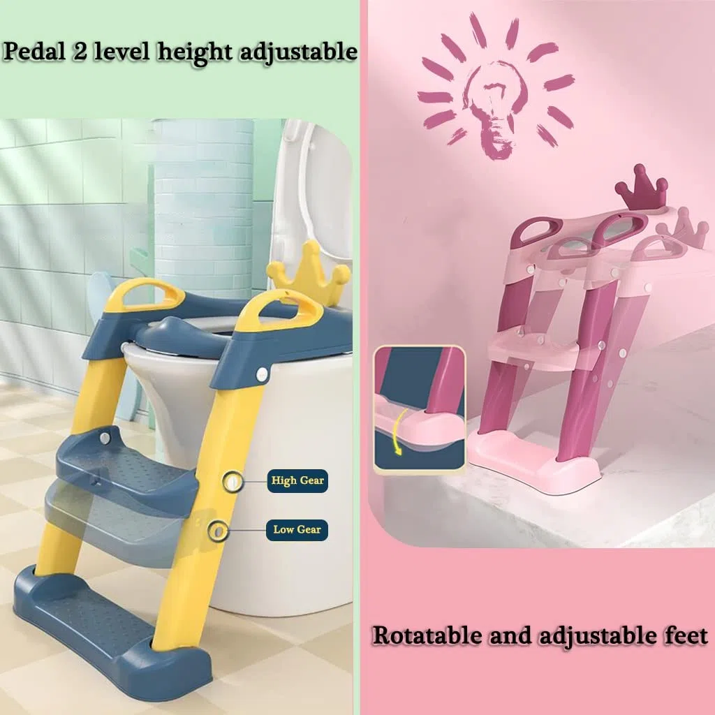 Reducteur WC avec Marche Couronne Mignonne Siège Toilette avec Escalier avec Dossier, Pliage Réglable Reducteur Toilette avec Escalier pour Filles Et Garçons, Porteur 75kg