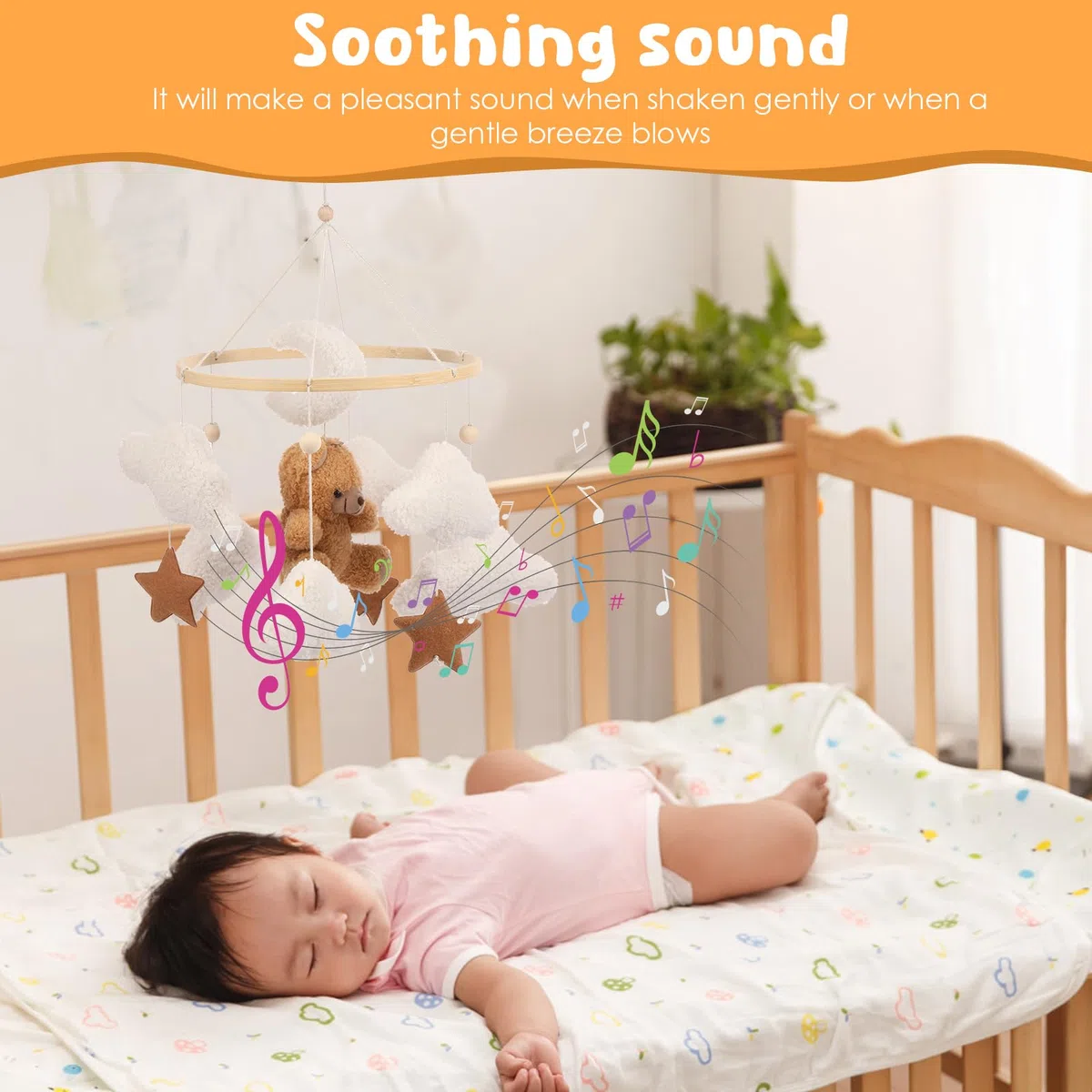 Cloche de lit mobile en bois pour bébé avec ours, étoiles, nuages, lunes, mobile pour cadeau fille garçon (marron)