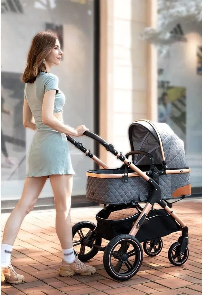 Baby Stroller Carriage for Newborn, 2 in 1 Adjustable High View Baby Pram Stroller Upgraded Infant Pushchair Toddler Strollers with Rain Cover, Mosquito Net, Footmuff(Blue)