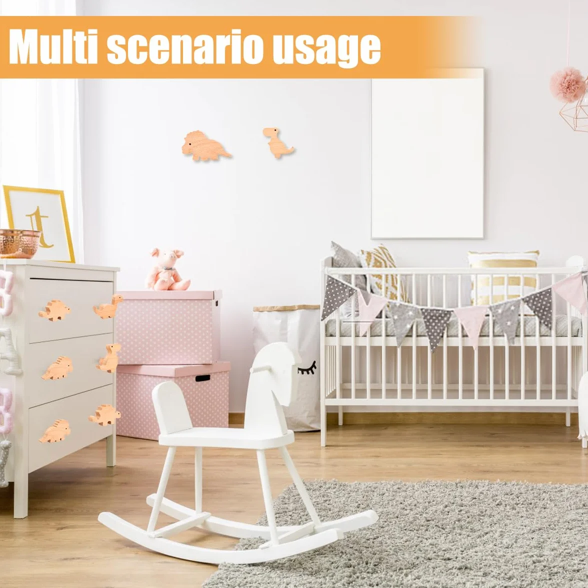 Lot de 4 crochets muraux en bois pour enfants - Motif dinosaure - Auto-adhésifs - Sans perçage - Pour manteau et bonnet