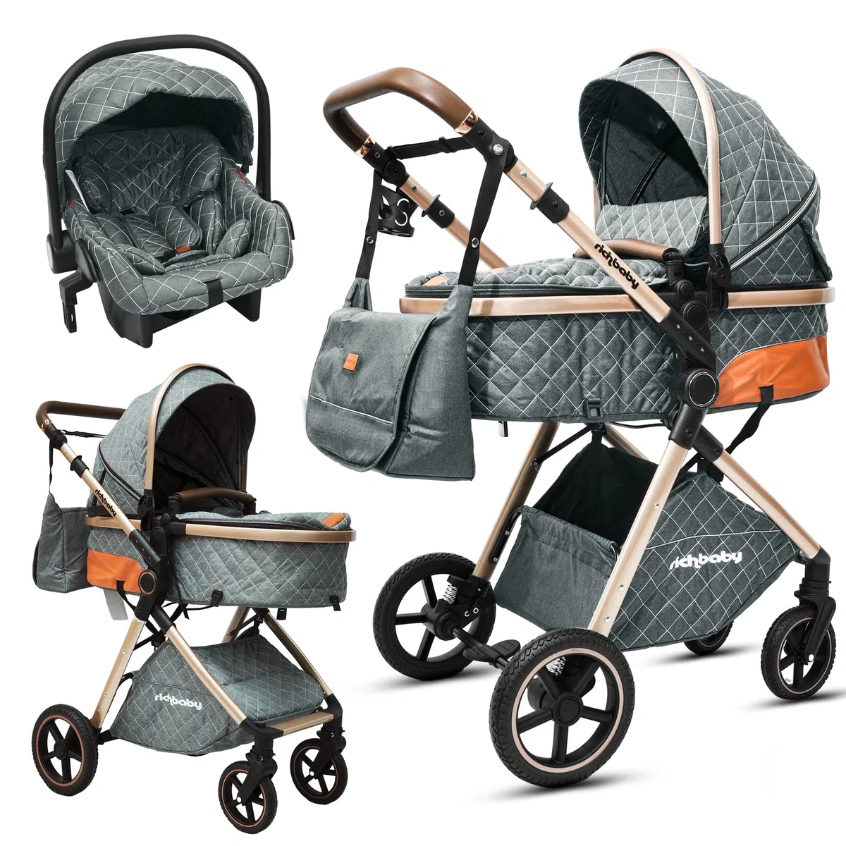 Nacelle 2 en 1 réversible, pliable, absorption des chocs tout-terrain (gris