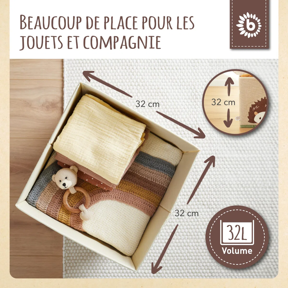 BIECO Boîte de Rangement pour Enfant - Motif hérisson - Environ 36 l - Pliable - Jolie boîte pour Jouets Kallax Rangement de Jouets pour Enfants - Boîte de Rangement 33 x 33 x 33 cm - Kallax