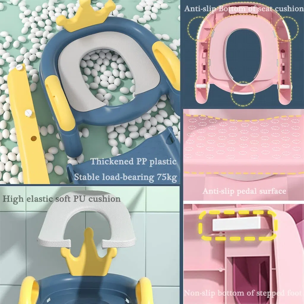 Reducteur WC avec Marche Couronne Mignonne Siège Toilette avec Escalier avec Dossier, Pliage Réglable Reducteur Toilette avec Escalier pour Filles Et Garçons, Porteur 75kg