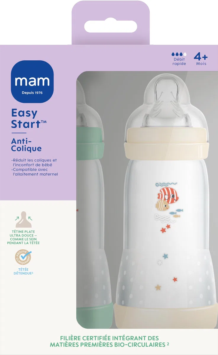 MAM | Lot de 2 biberons Easy Start Anti-Colique 4+ mois débit rapide (2 x 320 ml) Menthe + Coton – Biberon pour réduire les coliques et l'inconfort de bébé – Biberon bébé compatible avec l'allaitement