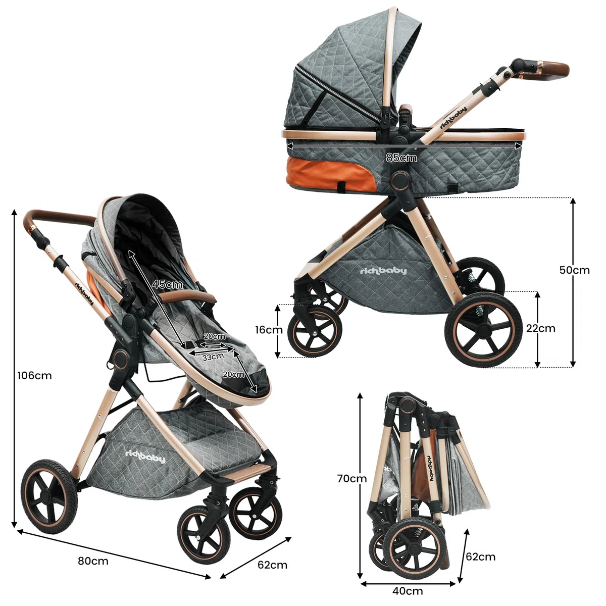 Nacelle 2 en 1 réversible, pliable, absorption des chocs tout-terrain (gris