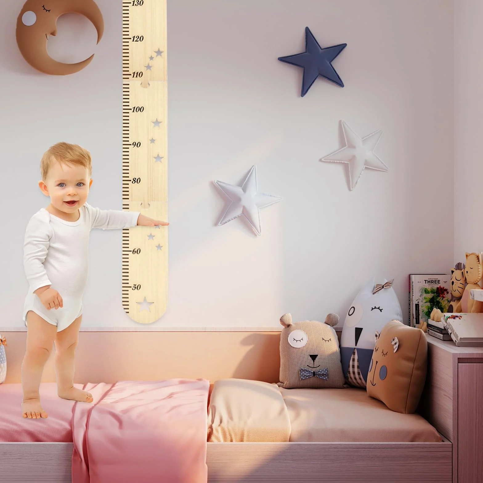 Toise en Bois pour Enfants, Règle à Mesurer Pliable avec Sac de Rangement en Toile (27x42 cm), pour Chambre d'Enfant, Décoration Sticker Murale, Cadeau de Naissance, Baptême ou Anniversaire(200cm)