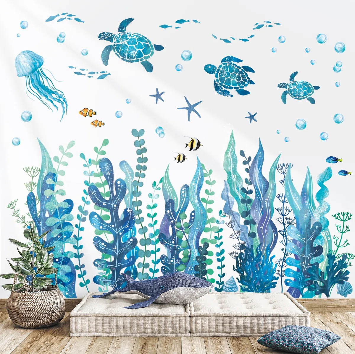 DECOWALL DS12-8084 Stickers muraux Sous La Mer Algues et Créatures Marines Tortues Herbe Marine Méduse Poisson Amovibles Pépinière Vinyle Autocollant Mural pour Chambre Salle de Bain Salon