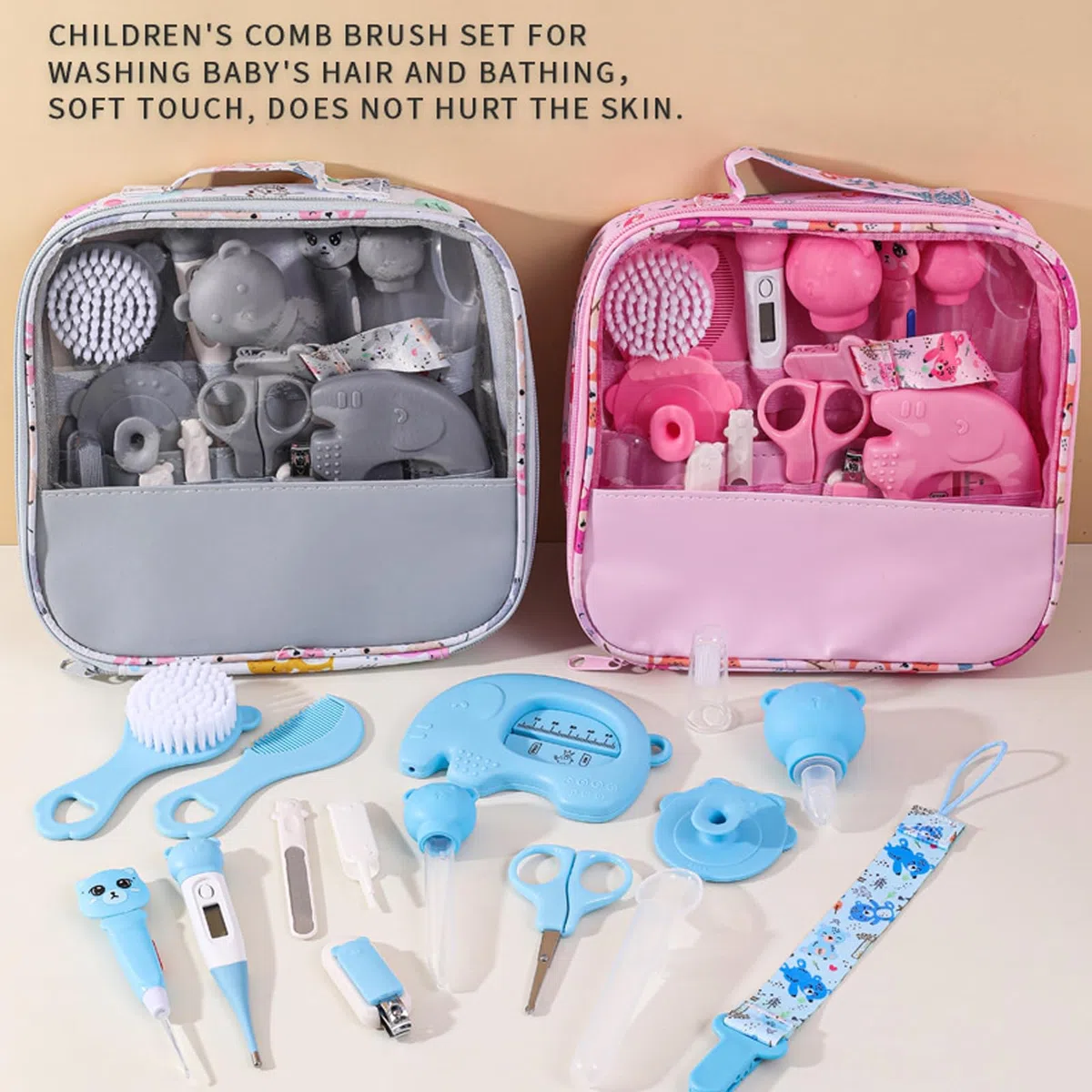 Liemuao Trousse de Soin Bebe Naissance, Kit de 15 Accessoires dont Brosse à Cheveux, Thermomètre digital, Thermomètre de bain, Petit Coupe Ongles, Trousse de Toilette Bébé pour Voyage Maison (Rose)