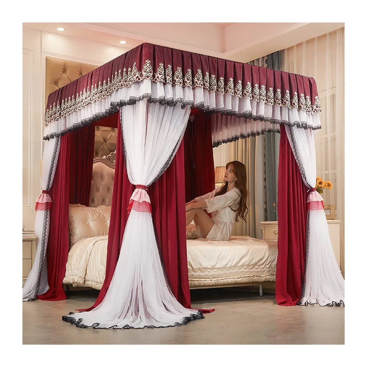 Moustiquaire à baldaquin pour lit Double, baldaquin décoratif Romantique pour Chambre à Coucher, Rideau de lit Anti-poussière et ombrage Rouge (Taille : 180x220x210cm)