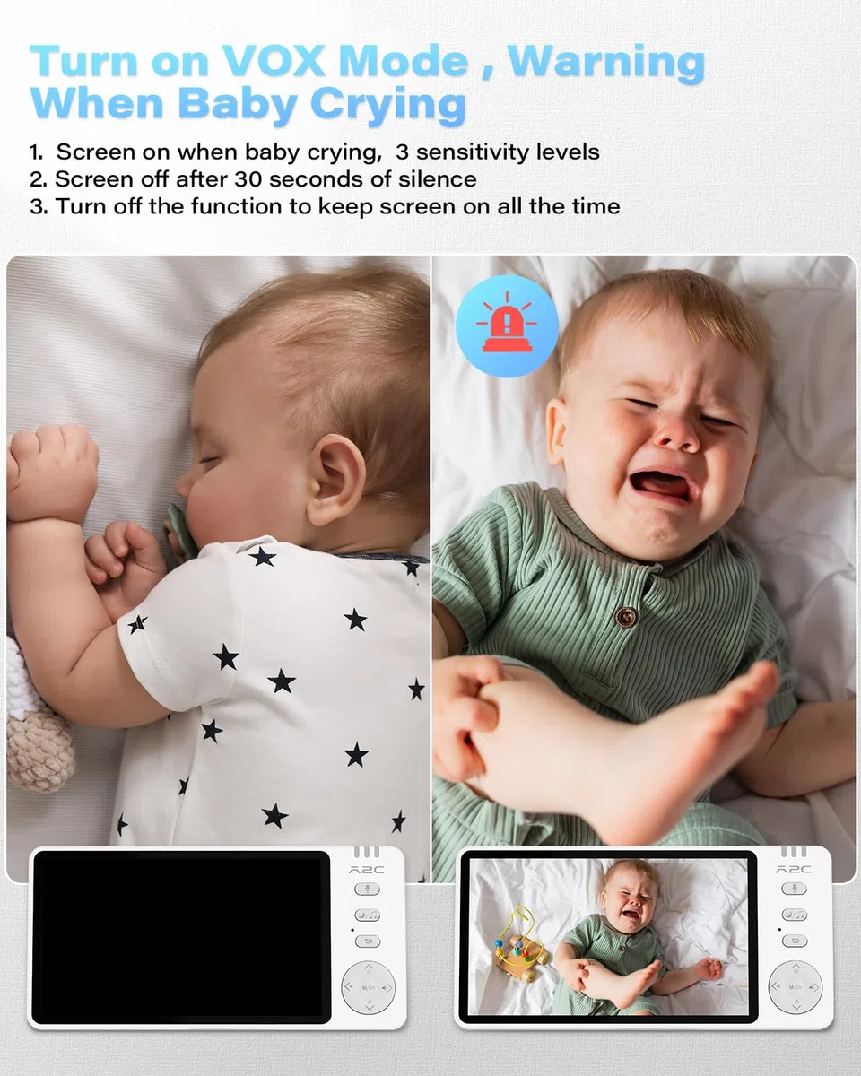 A2C - Caméra de voiture pour bébé, 5 pouces HD 1080P Babyphone avec vision nocturne et mode VOX, moniteur de siège arrière pour siège arrière et maison, portée de 304,8 m