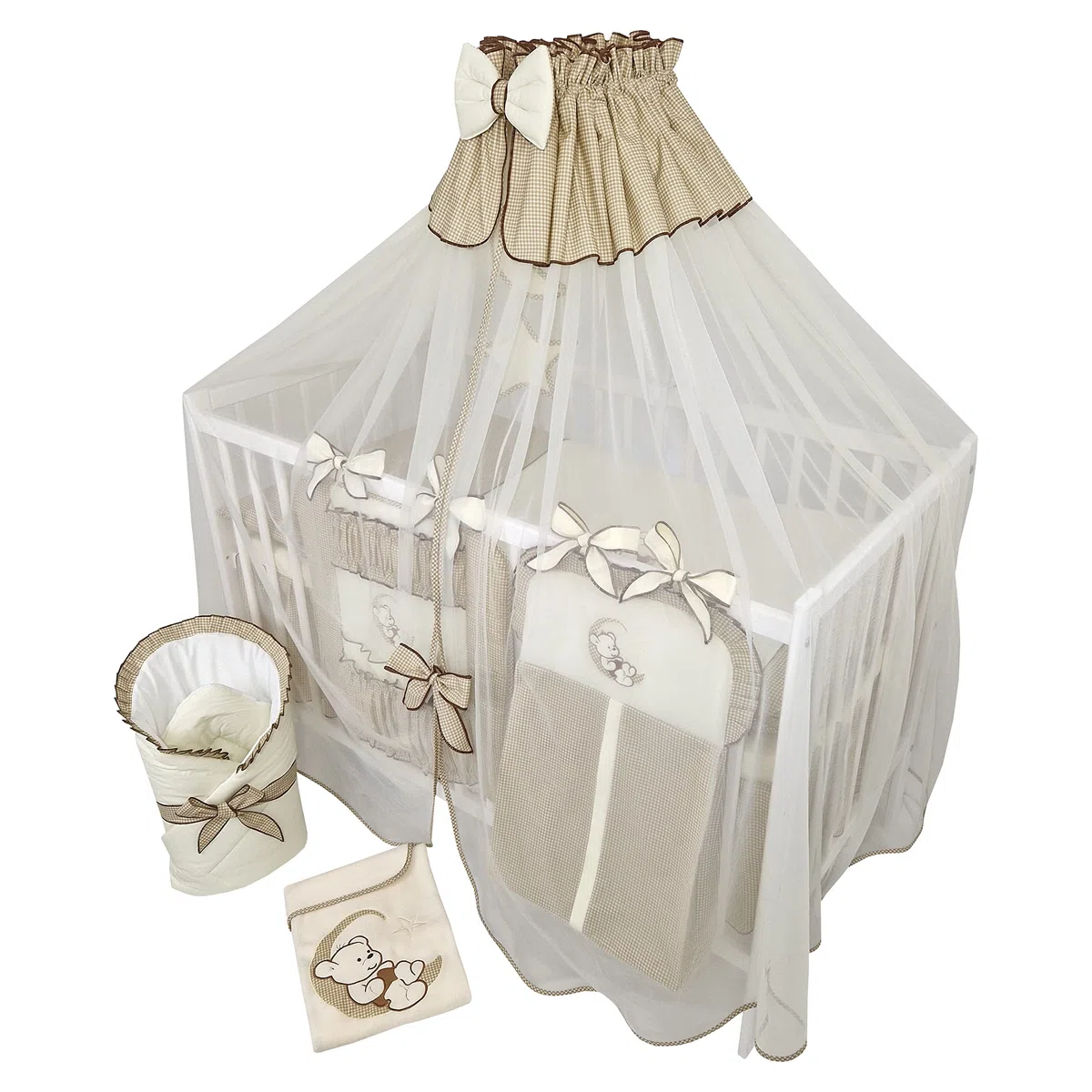 14 Pieces Linge de lit bébé Ensemble Complet sans lit brodé avec Nounours sur la Lune Beige foncé (100x135 cm)