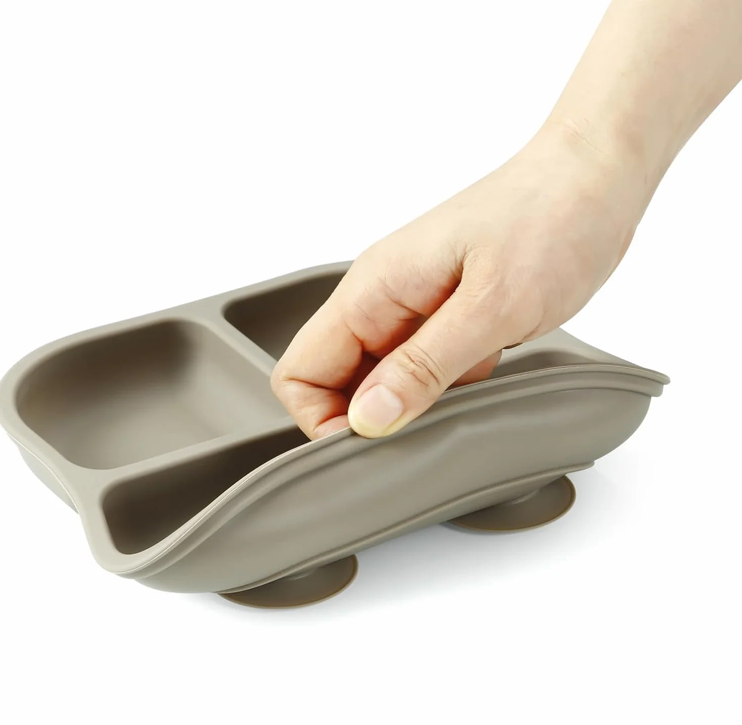 PandaEar Assiettes à Suction pour Bébé, Ensemble de 3 Assiettes en Silicone & Cuillères pour Bébés Tout-Petits Nourrissons Enfants, Assiette Divisée à Suction pour Tout-Petit (Gris/Brun/Crémeux)