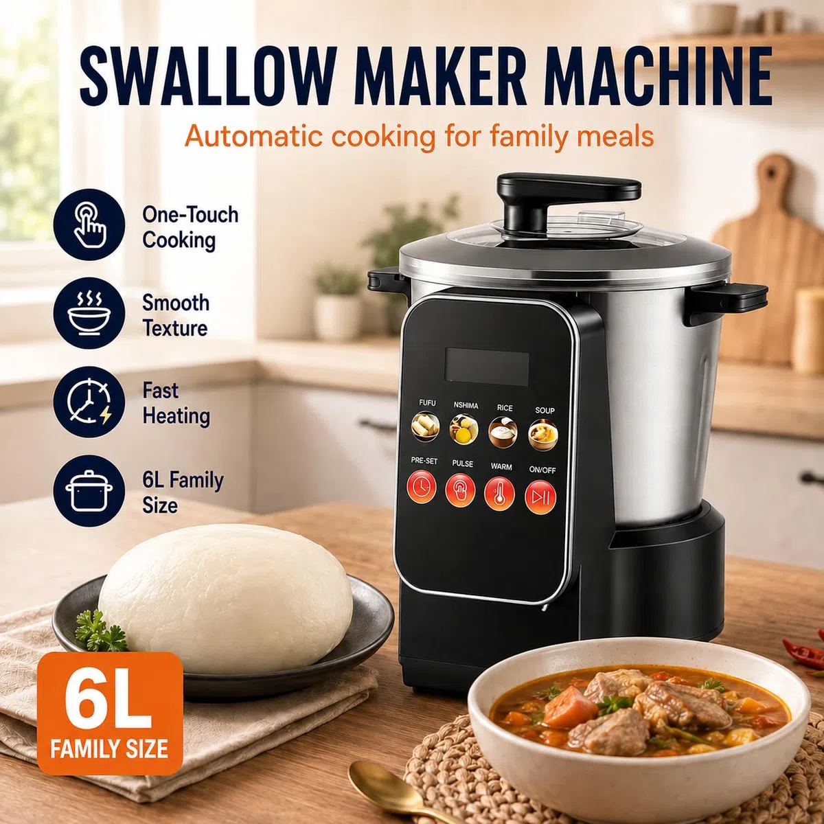 Robot Culinaire 6 L Plats Africains,Machine Acier Inoxydable Igname Pilée