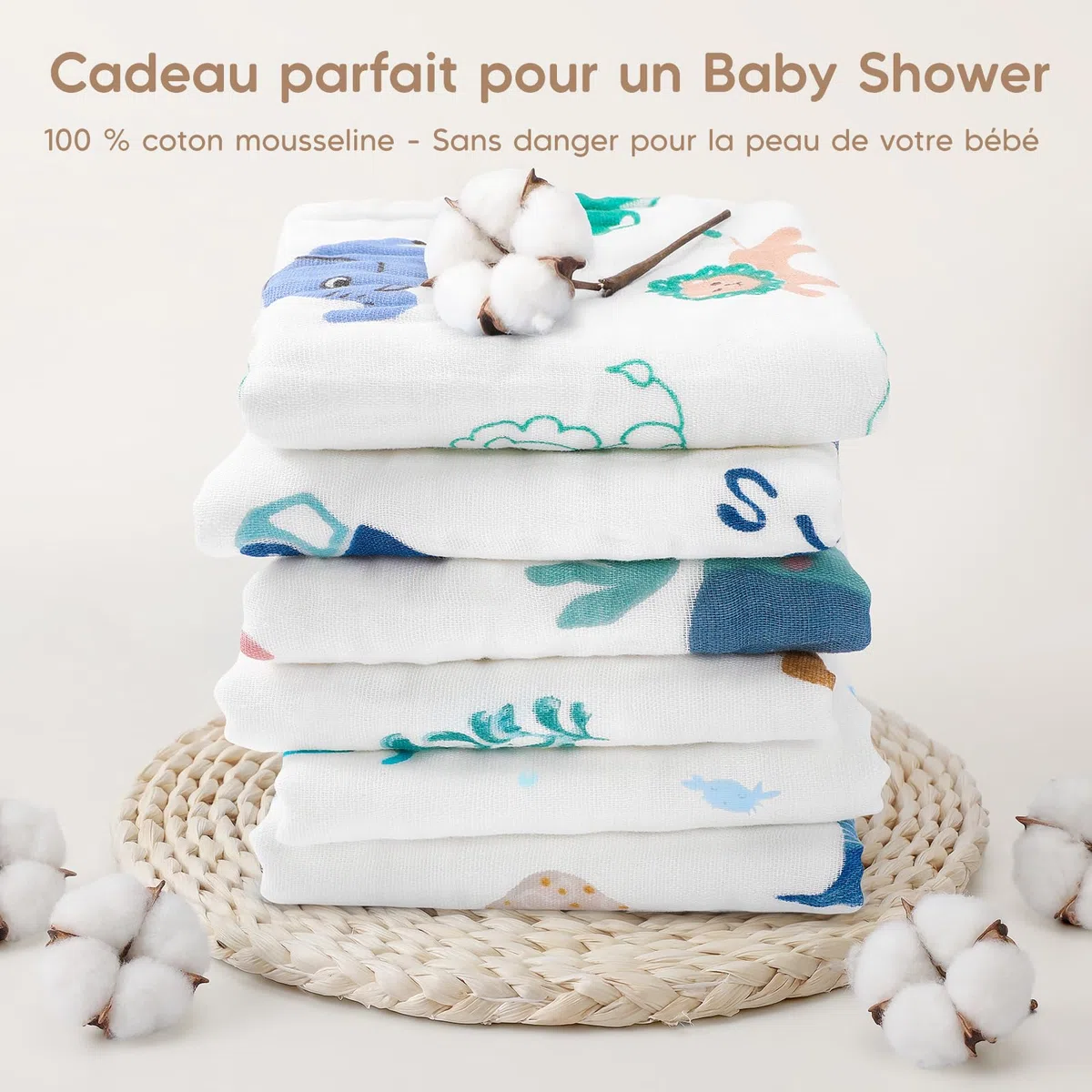 Maliton 6 Pcs Lange Bébé en Mousseline de 100% Coton-50x 25 cm Langes Coton BéBé,Extra Doux Absorbant Respirant pour Nouveauné Peau Sensible,Motif Zoo