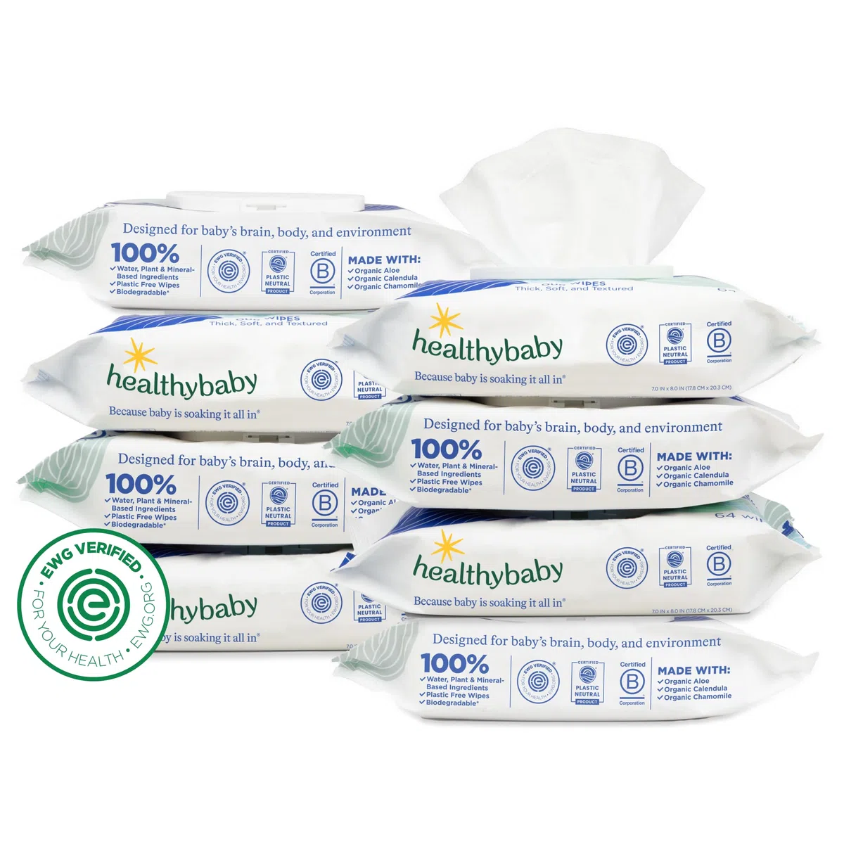 HealthyBaby Nos lingettes humides | Sans danger pour la CEE | 100 % à base d'eau et de plantes | Inodore et sans danger pour les peaux sensibles | Sans parfum et complètement sans chlore (8 paquets
