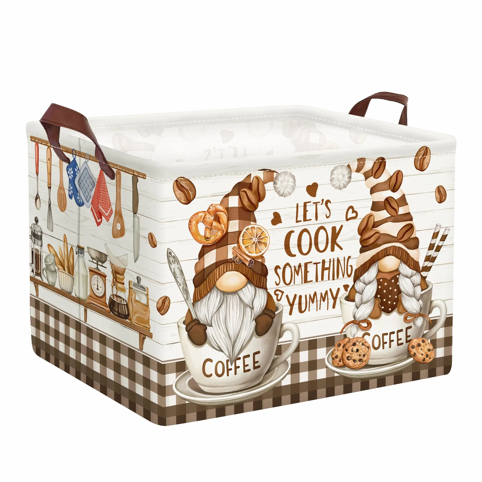 Grand Panier Rangement Décoration Cuisine Outils pour Garçon Fille Repliable Paniers à Linge Jouets Vêtements pour Salle de Bain Chambre à Coucher, Gnome Café, 36L