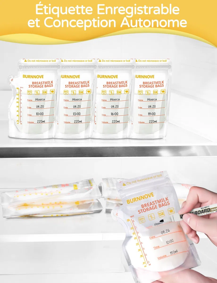 BURNNOVE Sachet Conservation Lait Maternelle 250ml Lot de 130 Sac Congelation Lait Maternelle sans BPA Pré-stérilisés Sac de Stockage avec Double Glissière de Sécurité Bec Verseur