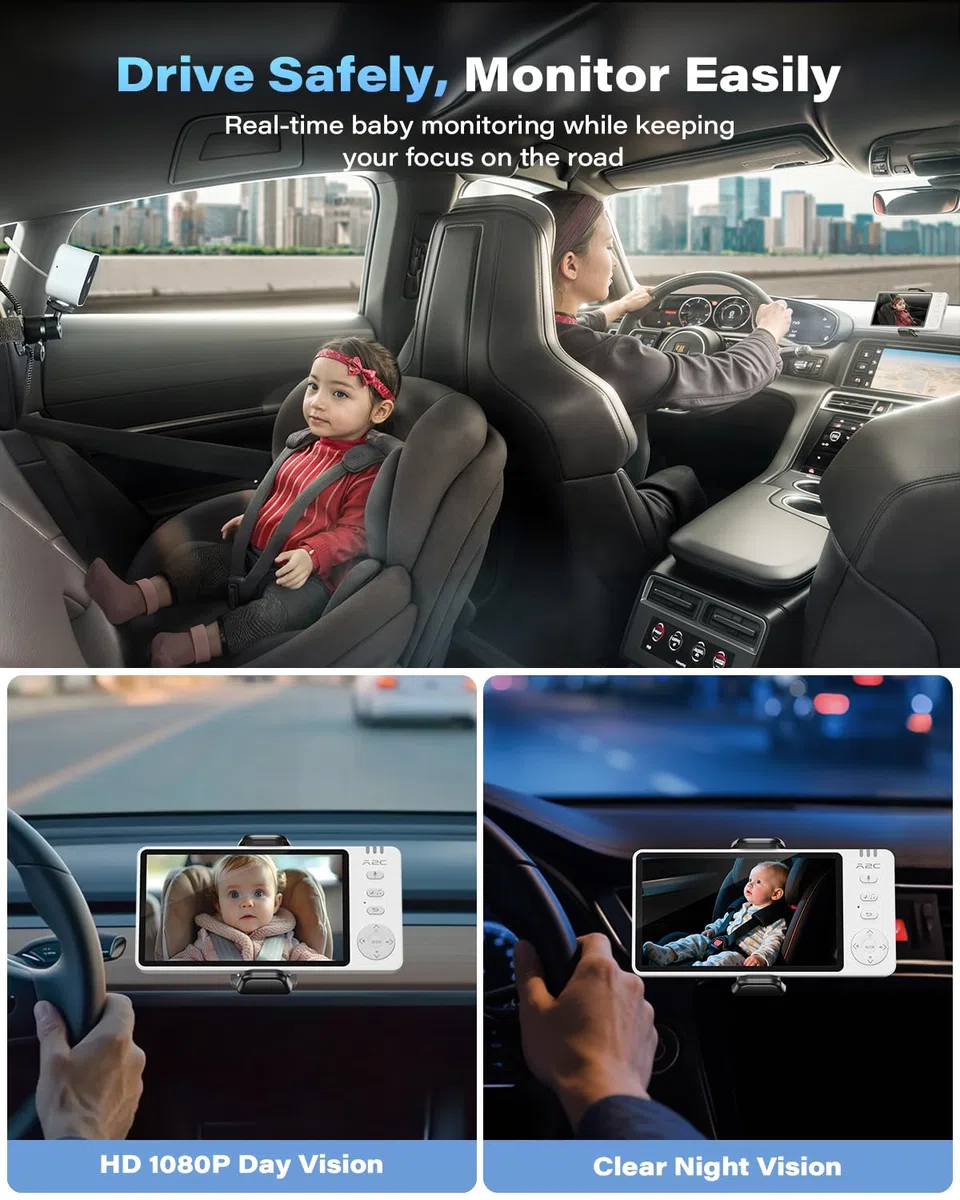 A2C - Caméra de voiture pour bébé, 5 pouces HD 1080P Babyphone avec vision nocturne et mode VOX, moniteur de siège arrière pour siège arrière et maison, portée de 304,8 m