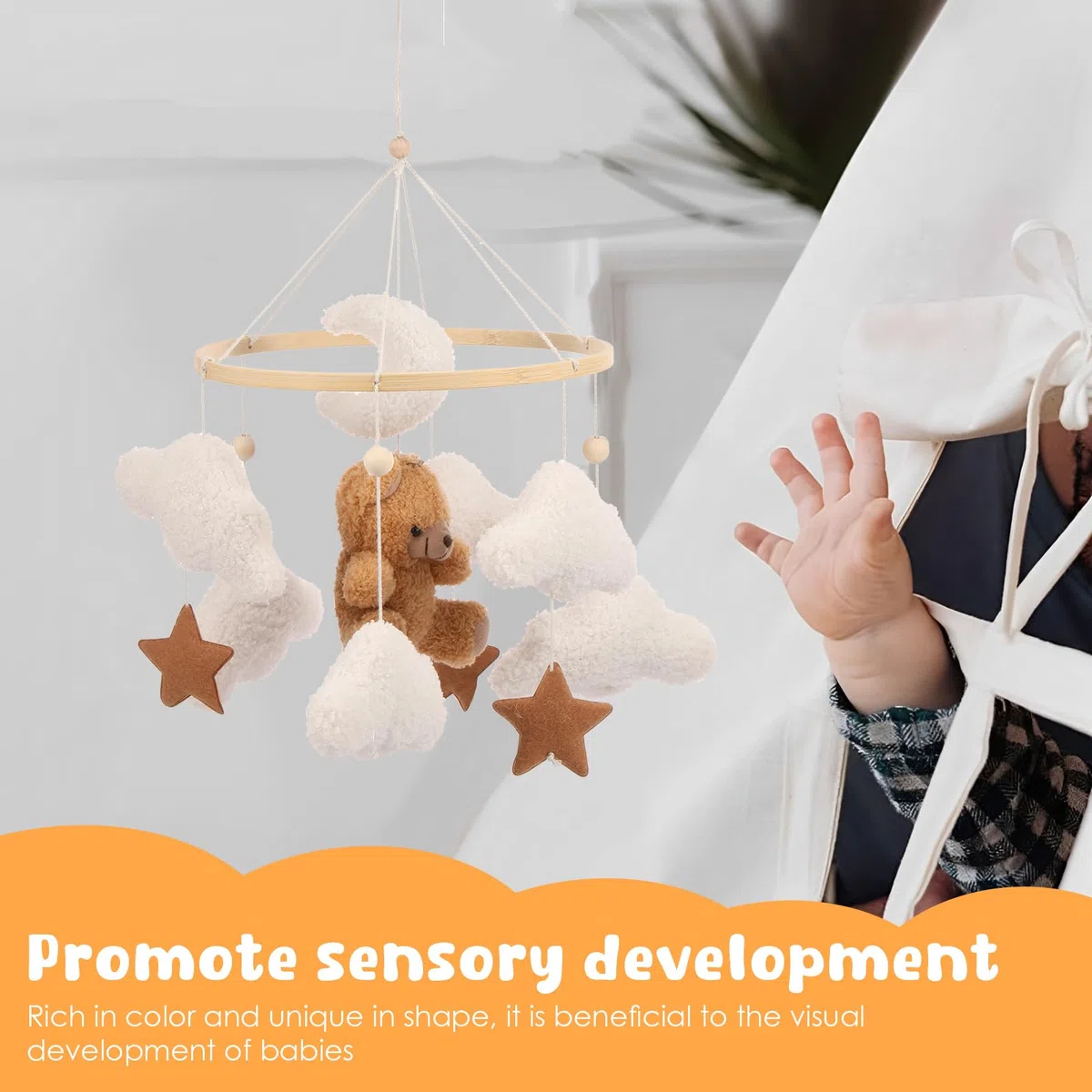 Cloche de lit mobile en bois pour bébé avec ours, étoiles, nuages, lunes, mobile pour cadeau fille garçon (marron)